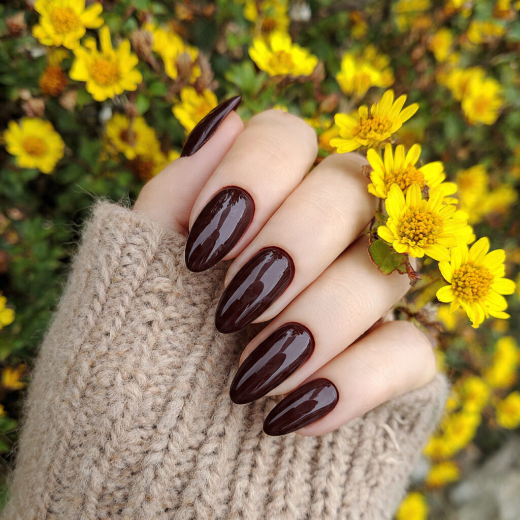 attractive chocolate brown long almond nails with