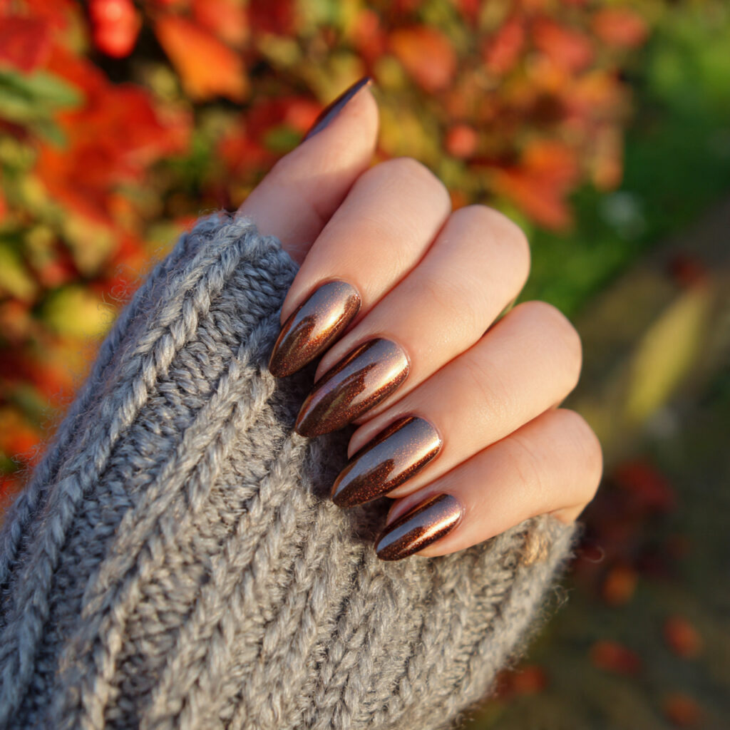 attractive chrome cocoa glazed nails with outdoor