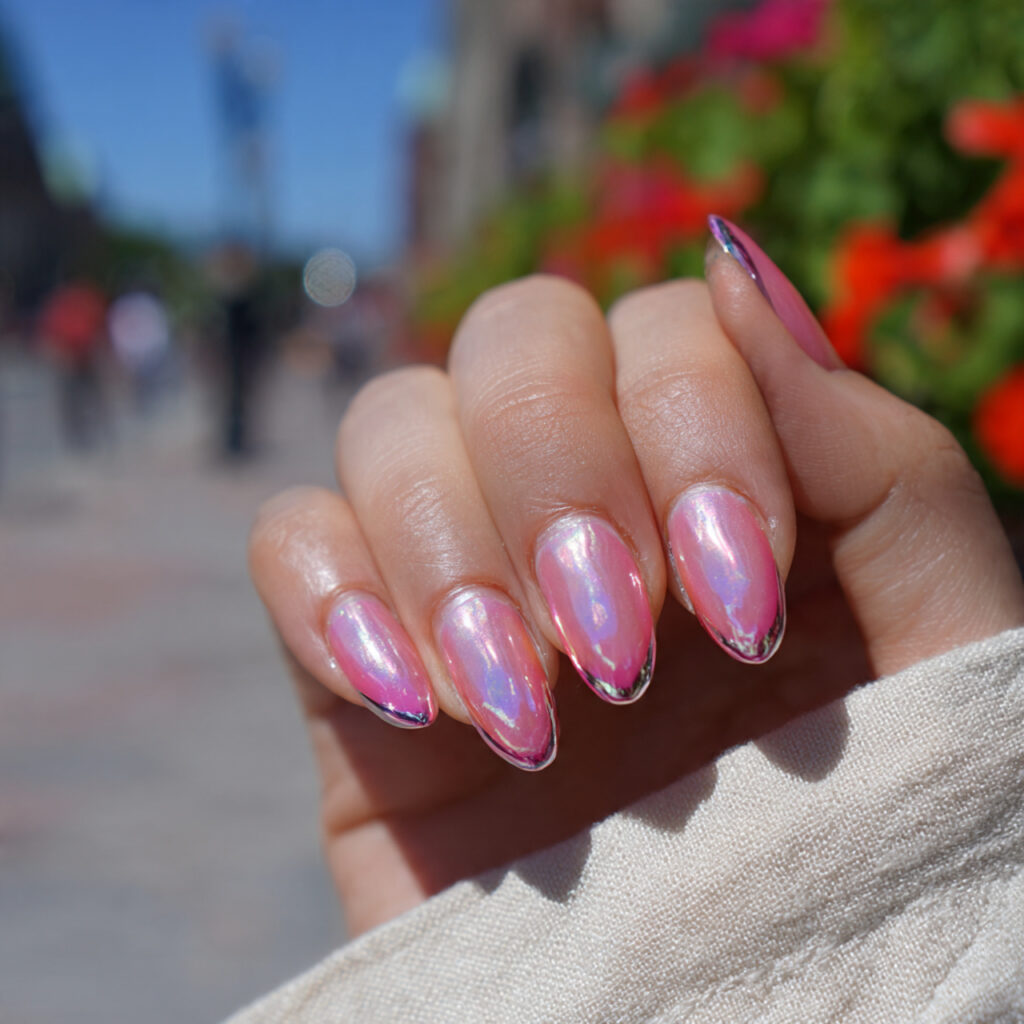 attractive chrome edge pink aura nails with outdoo