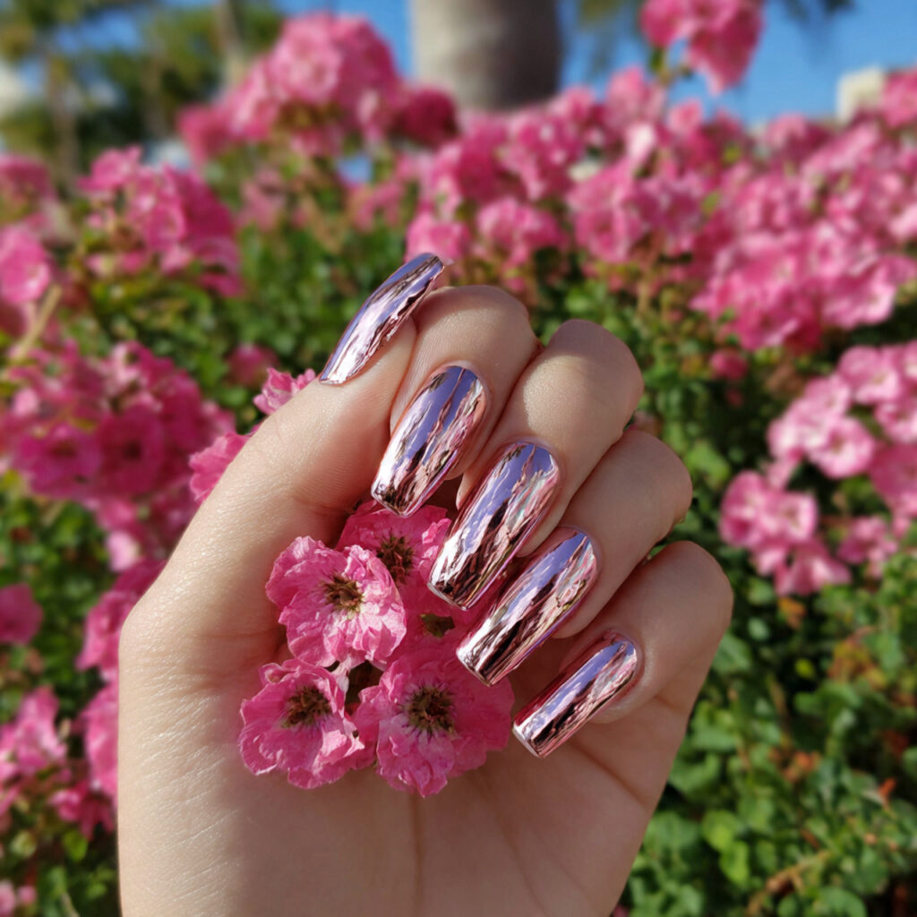 attractive chrome rose gold coffin nails with outd