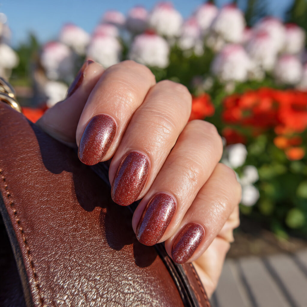 attractive cinnamon shimmer nails with outdoor sum
