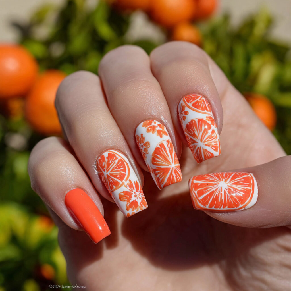 attractive citrus slice accent nails orange white