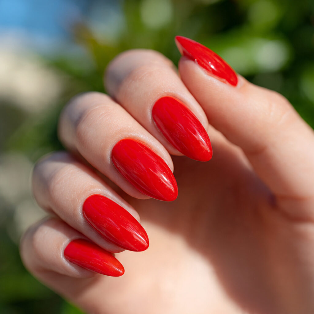 attractive classic bright red gel almond nails wit