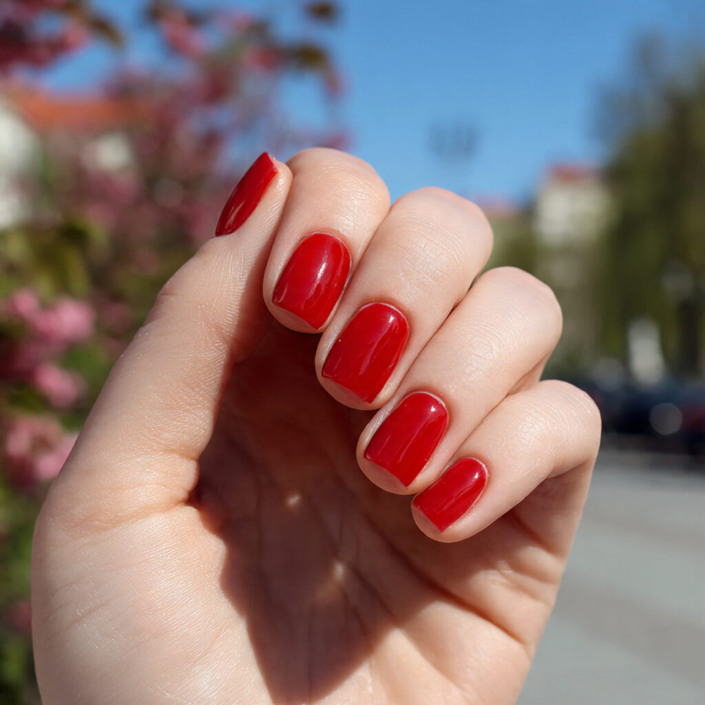 attractive classic bright red square gloss nails w