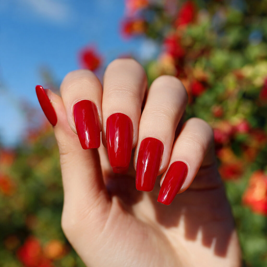attractive classic bright scarlet coffin nails wit
