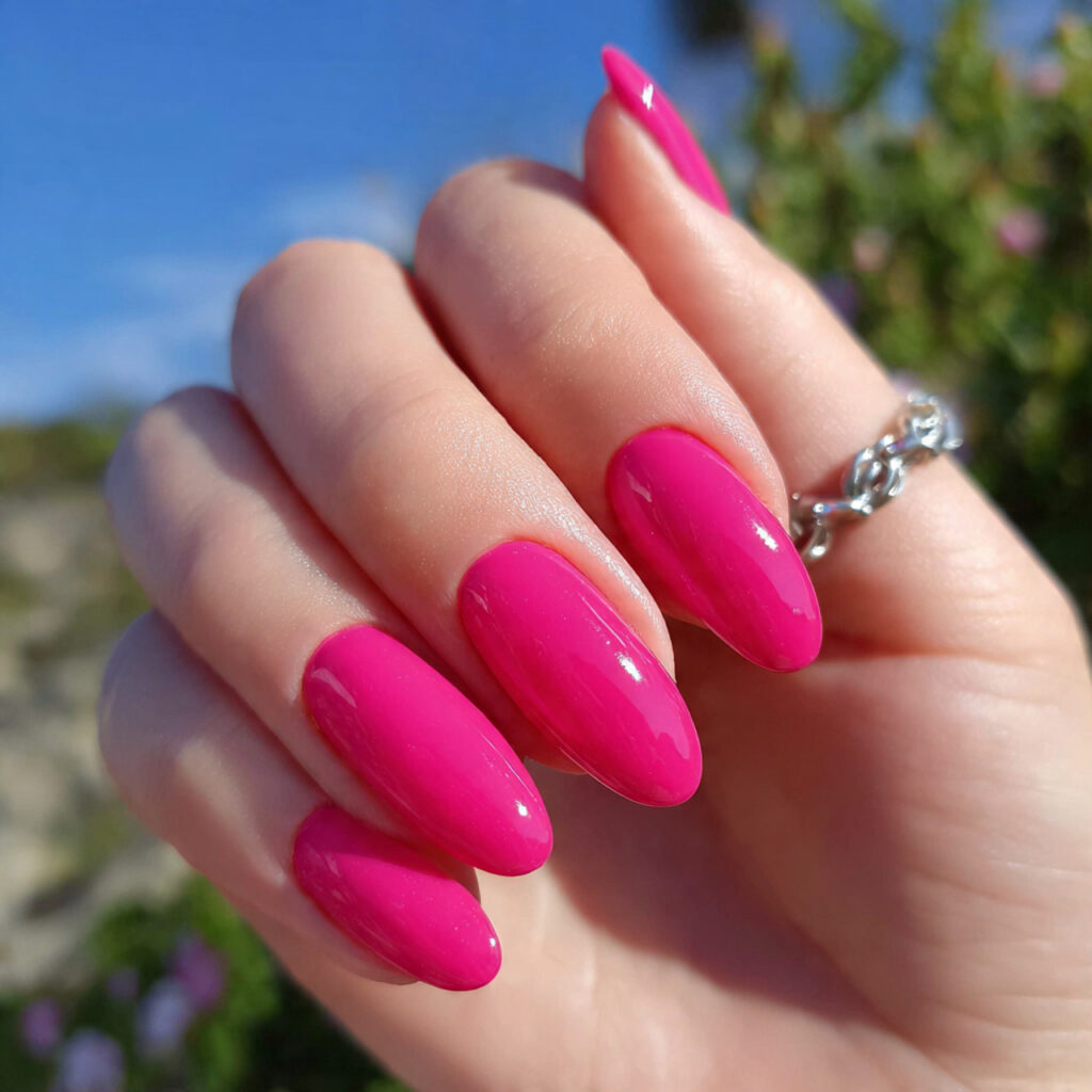 attractive classic glossy bright pink nails with o