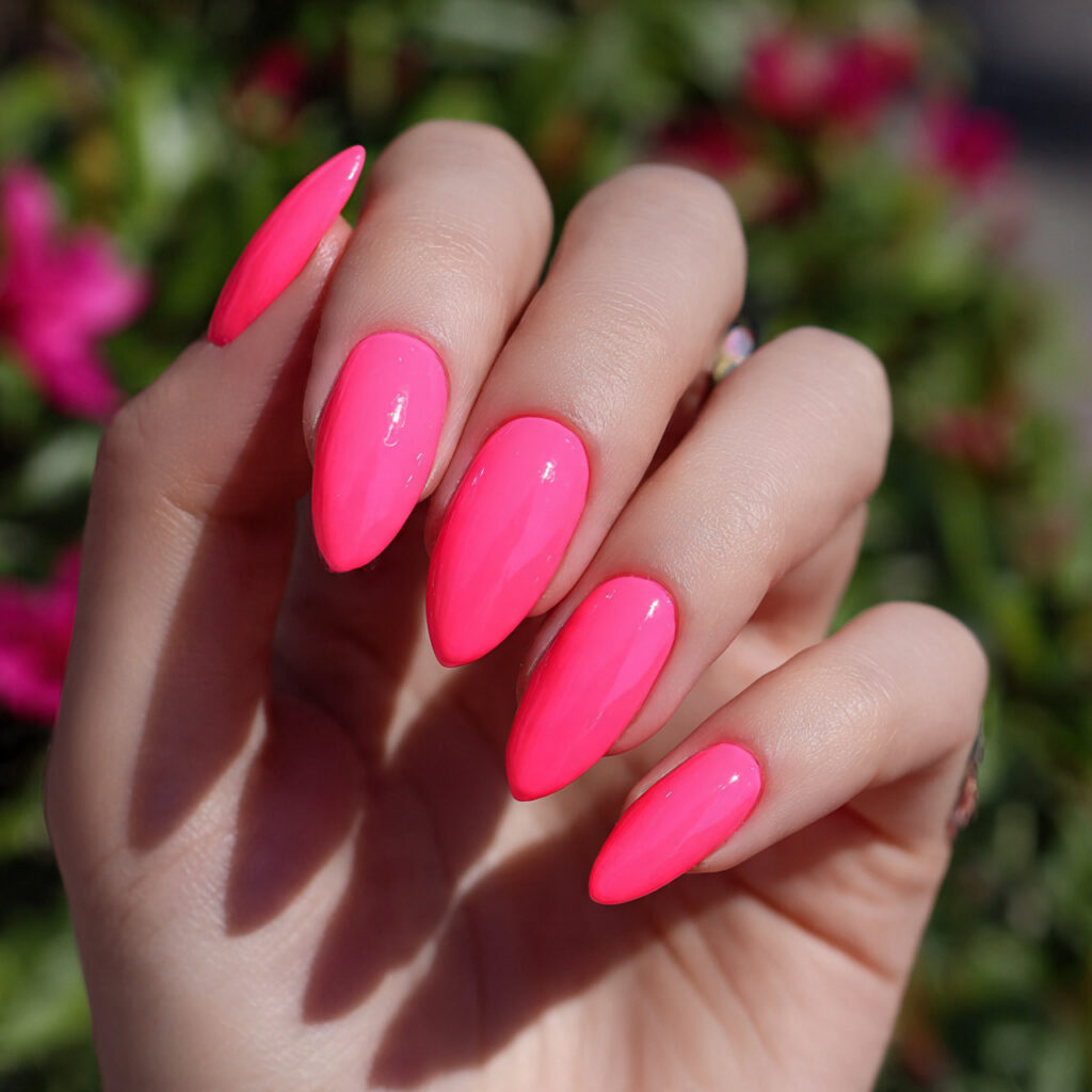 attractive classic glossy neon pink nails with out