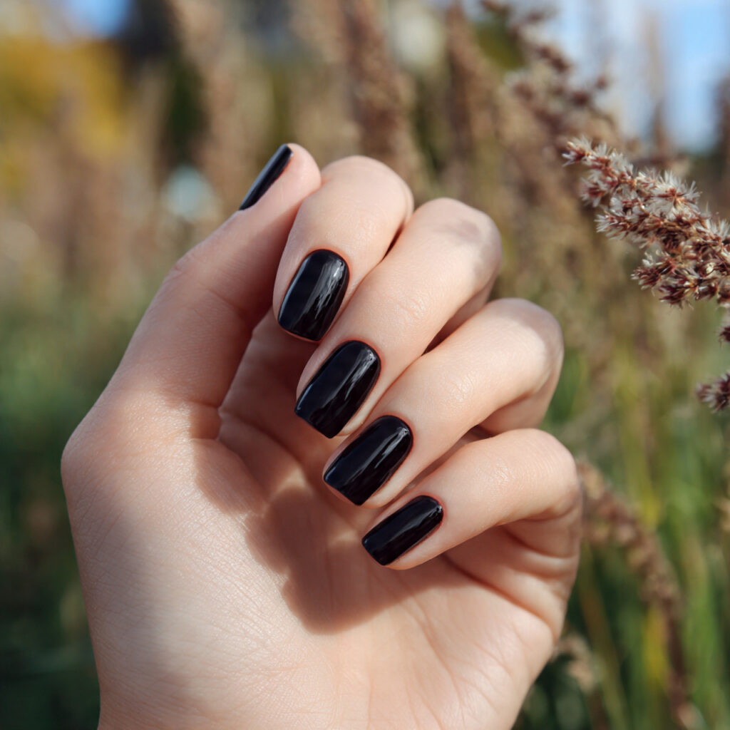 attractive classic glossy short black nails with o