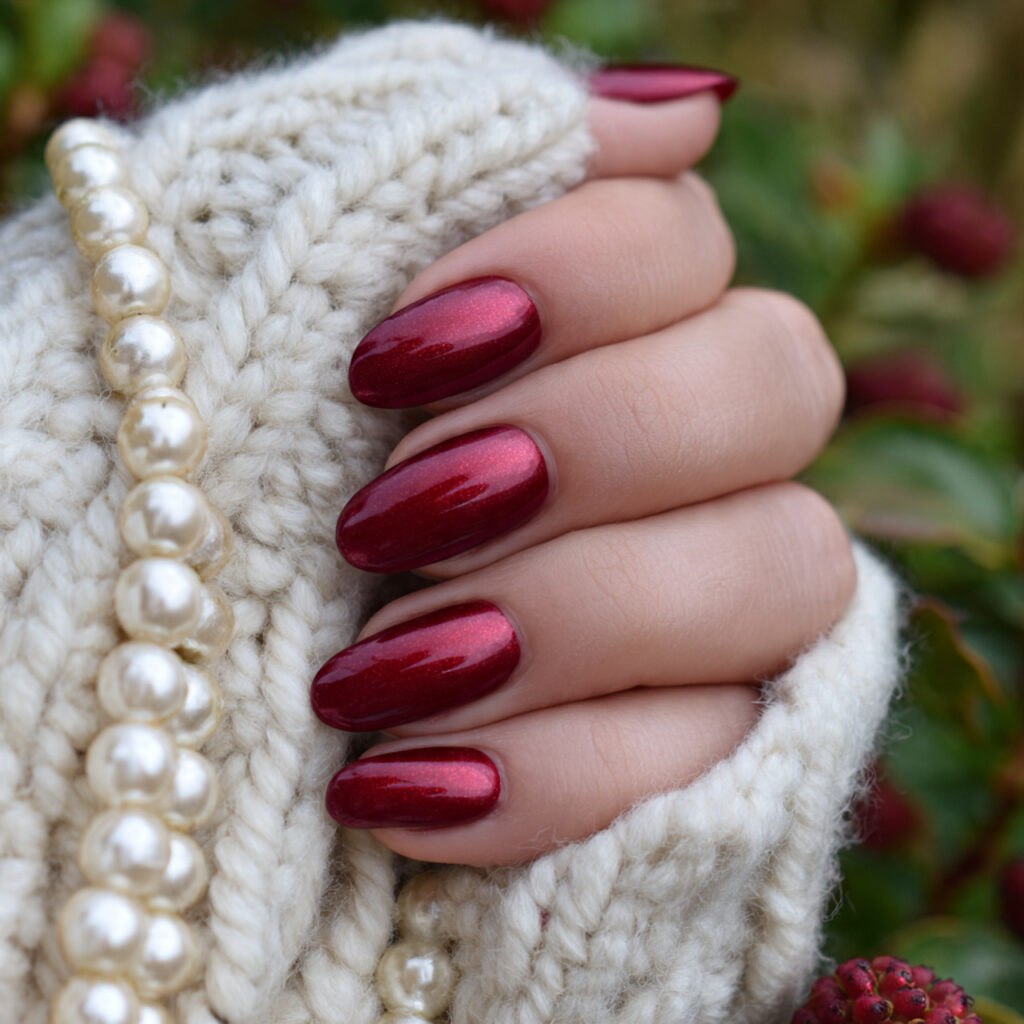 attractive classic red gel with pearl shimmer nail