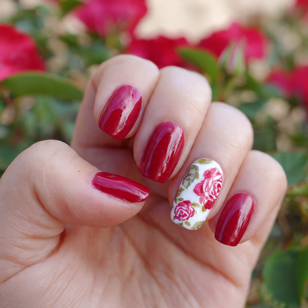 attractive classic red with rose accent nail nails