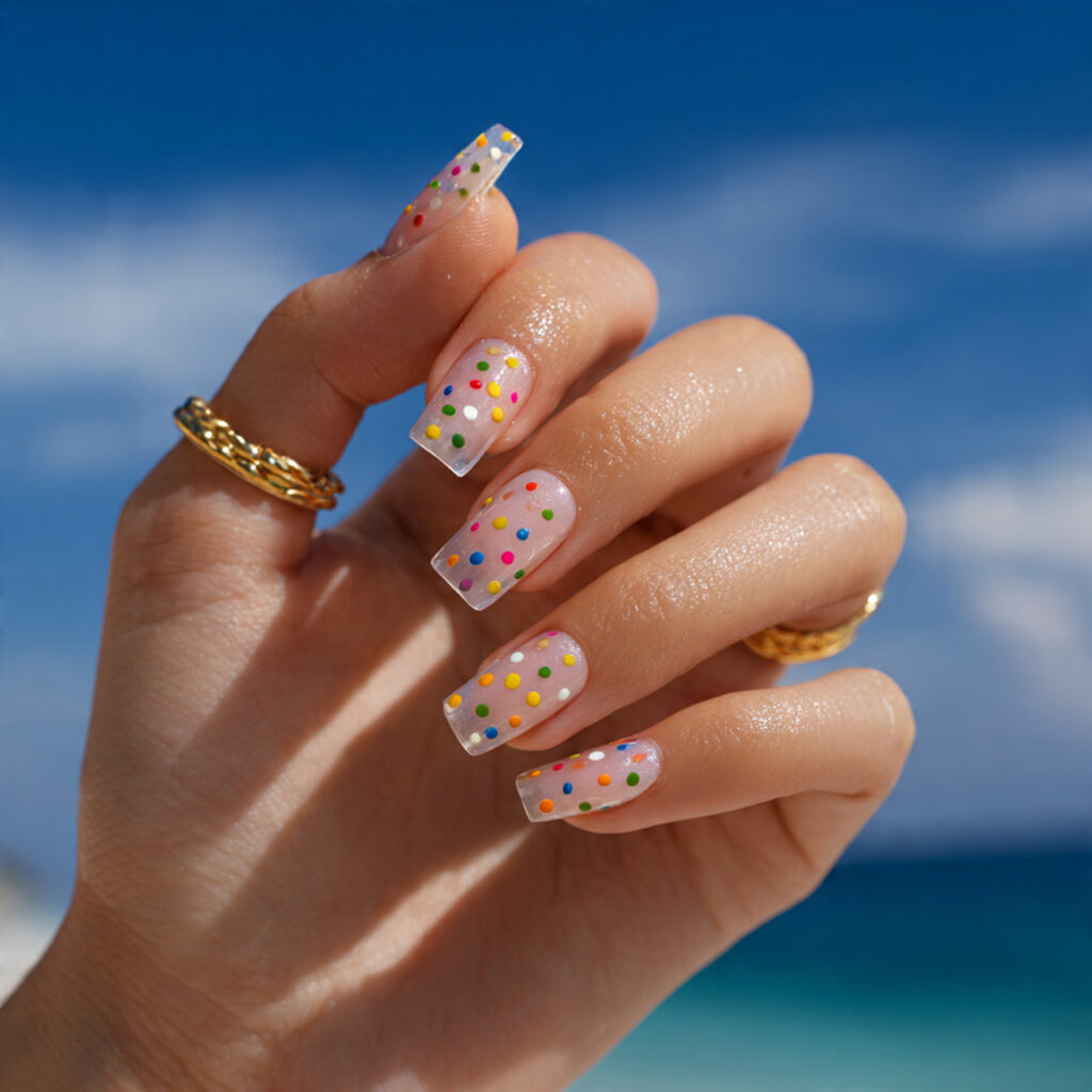 attractive clear base polka dot acrylic nails with