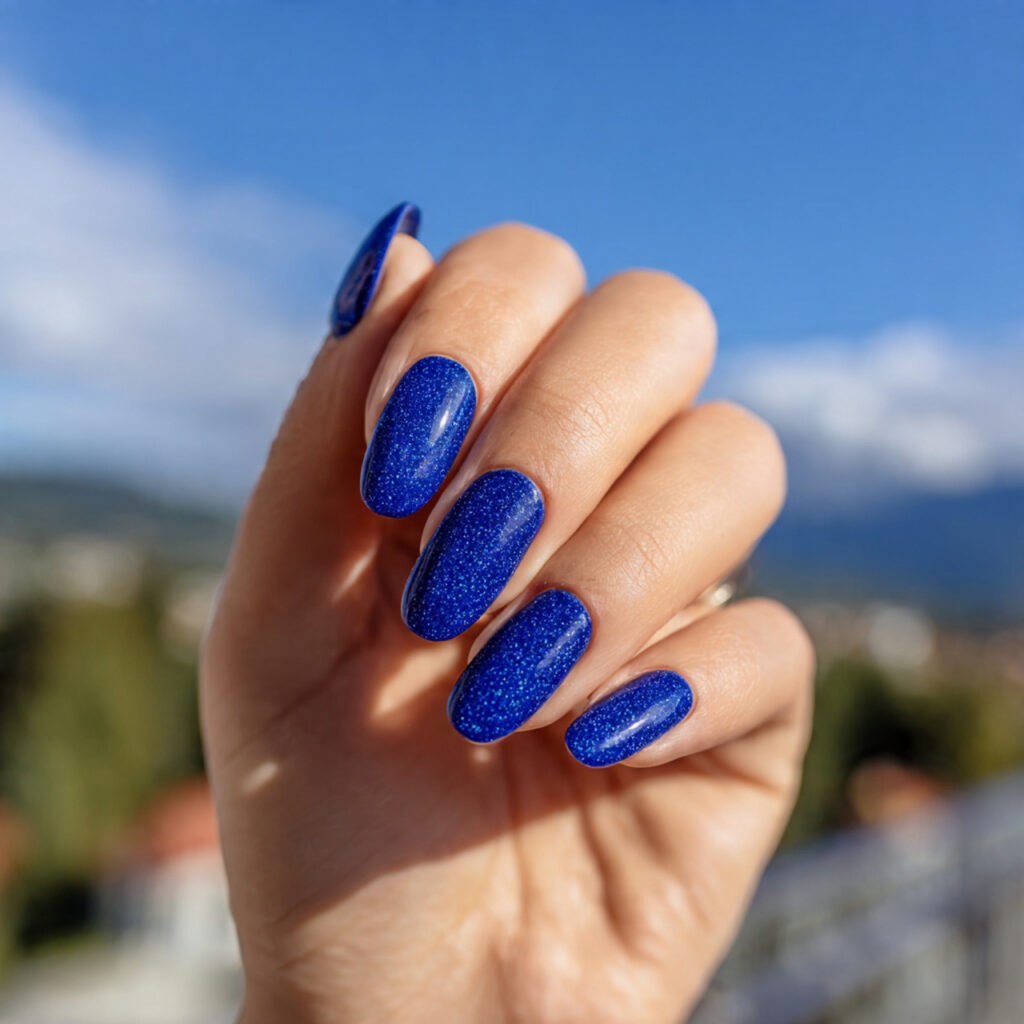 attractive cobalt blue acrylic nails with outdoor