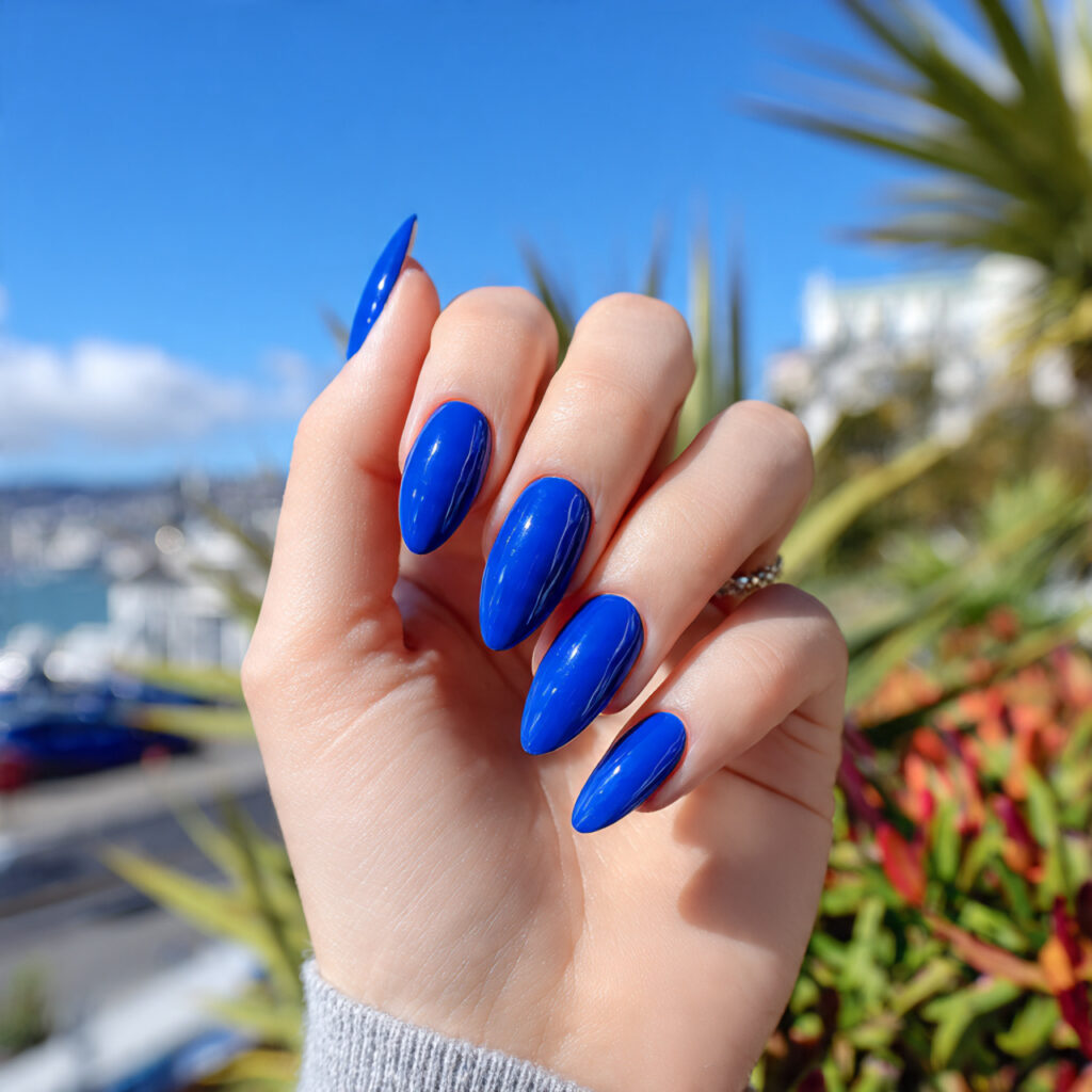 attractive cobalt blue almond statement nails with