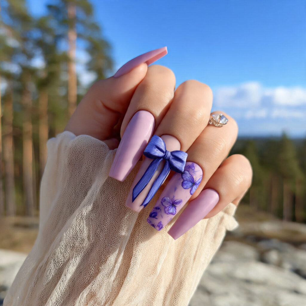 attractive coquette bow long nails with outdoor su
