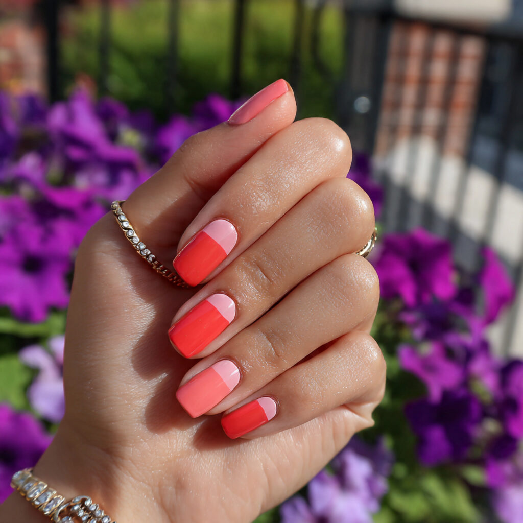 attractive coral and pink color block nails for a