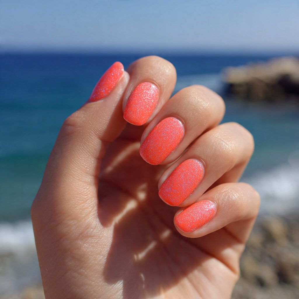 attractive coral beach day glow nails with outdoor