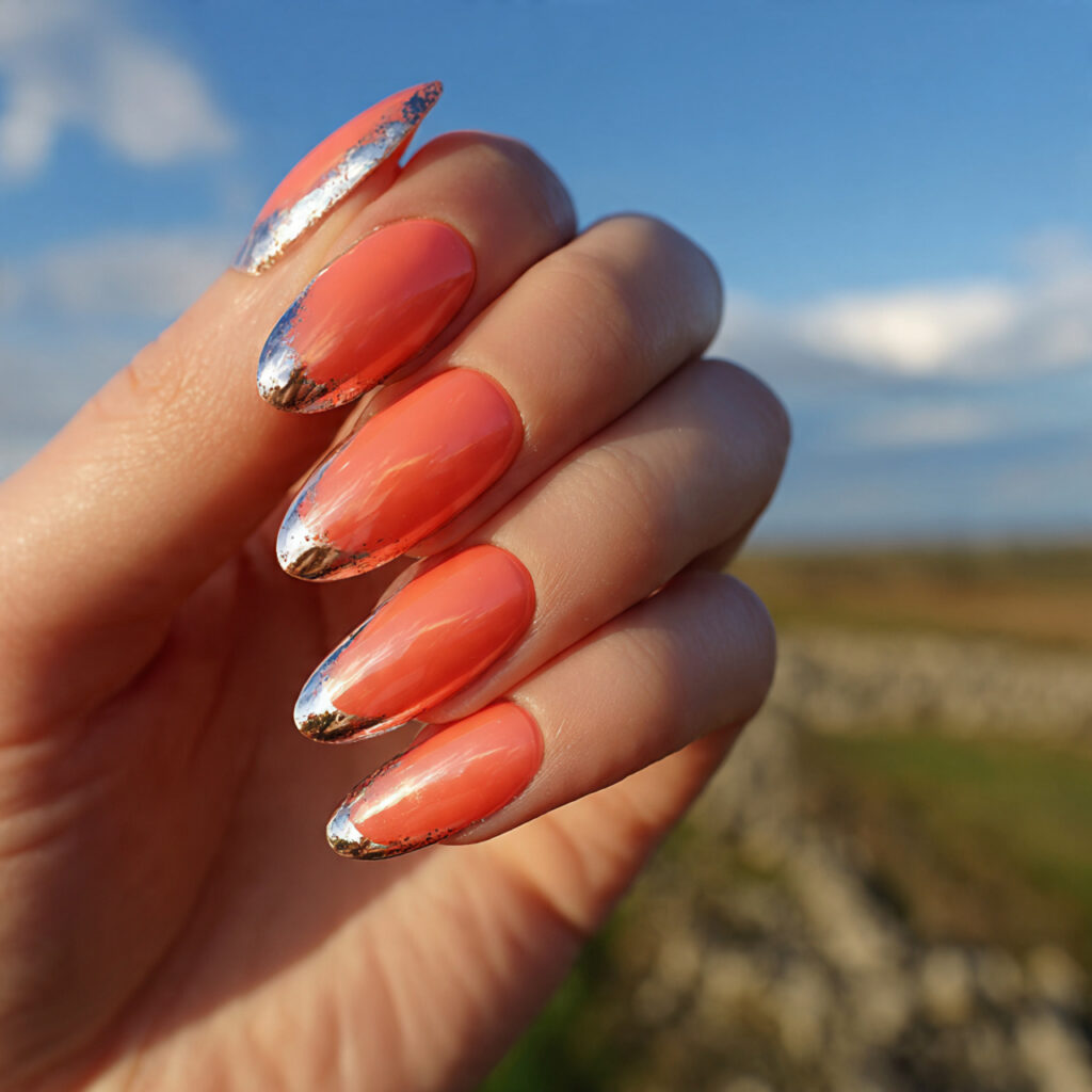 attractive coral chrome french almond nails with o