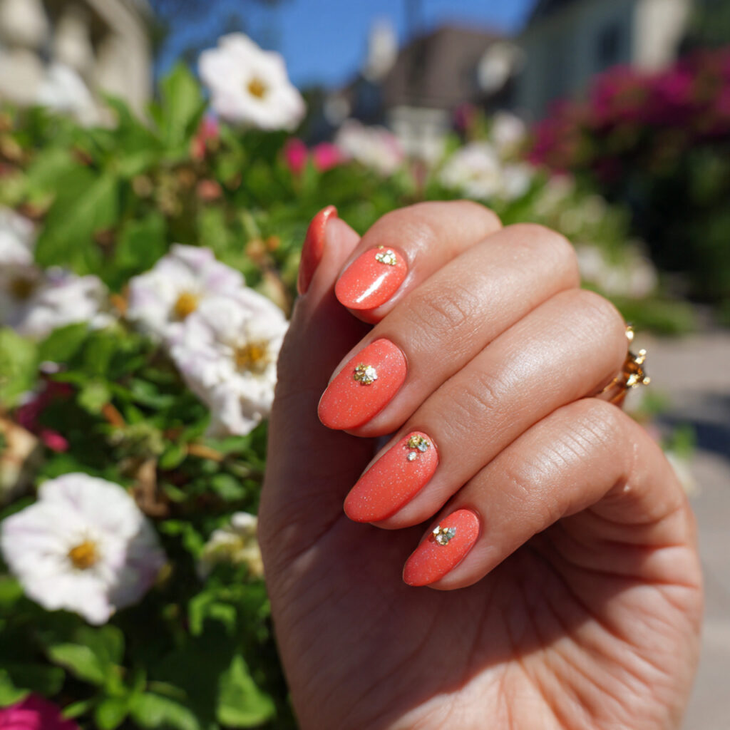 attractive coral gloss with tiny gold accents with