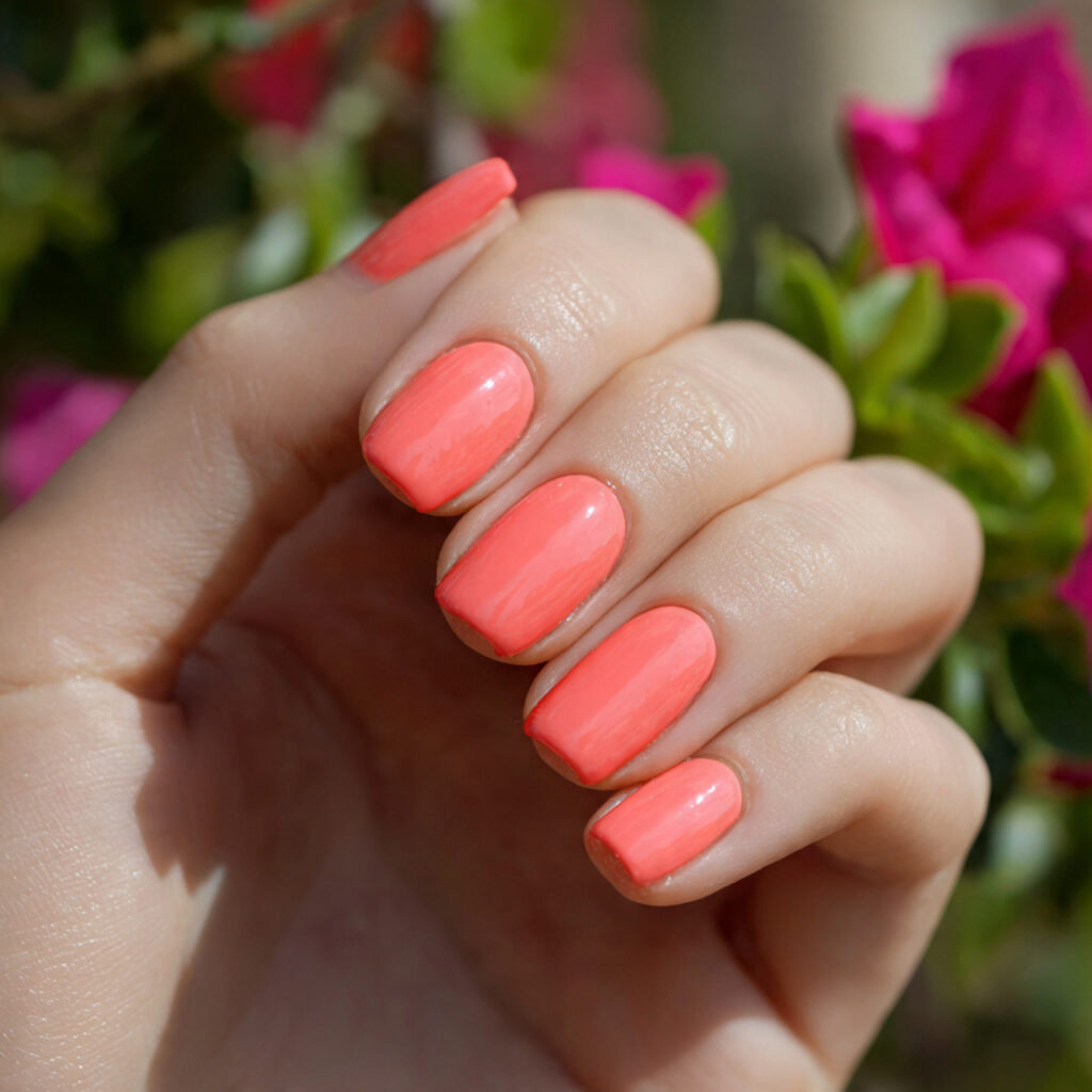 attractive coral pop short square nails with outdo