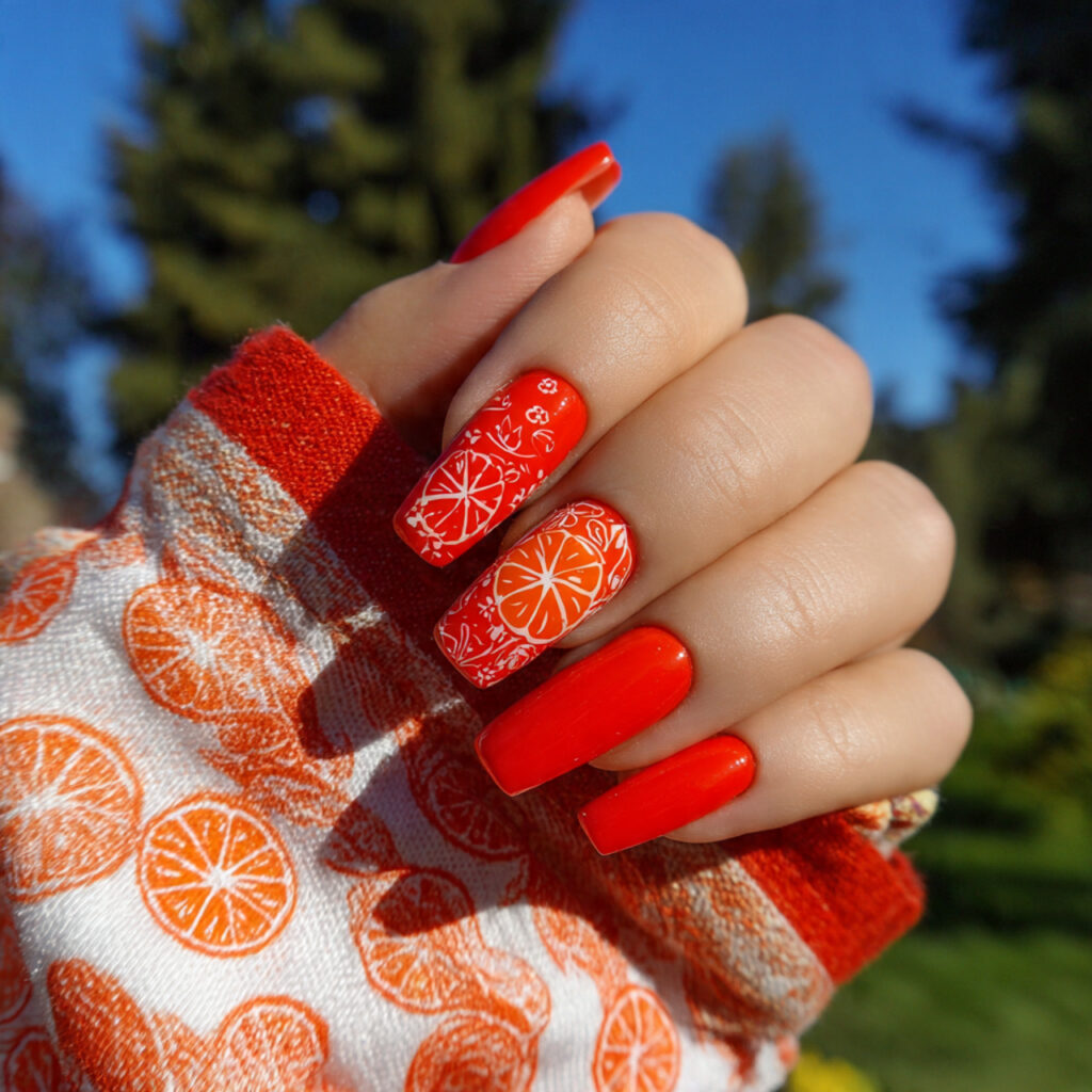 attractive coral red citrus slice accents nails wi