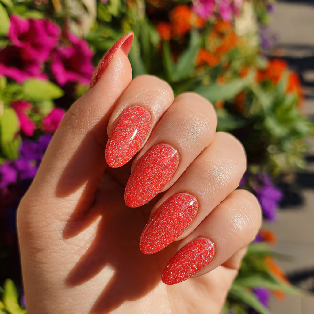 attractive coral red fine glitter almond nails wit