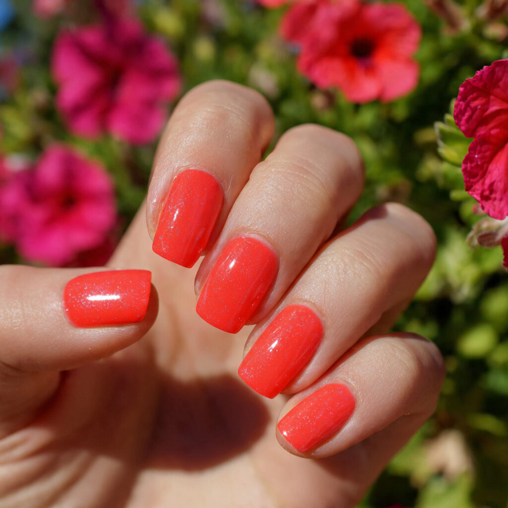 attractive coral red gel summer glow nails with su