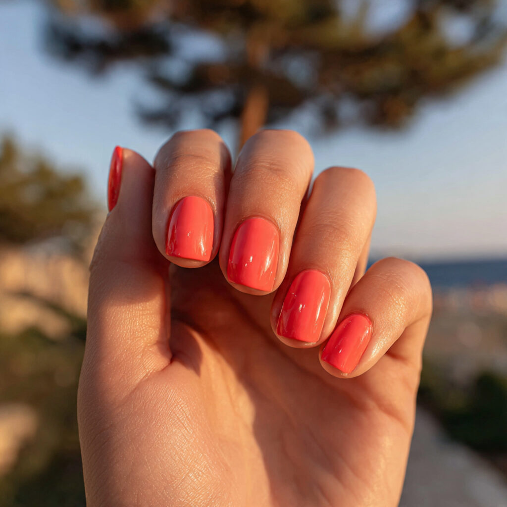 attractive coral red short square nails with summe