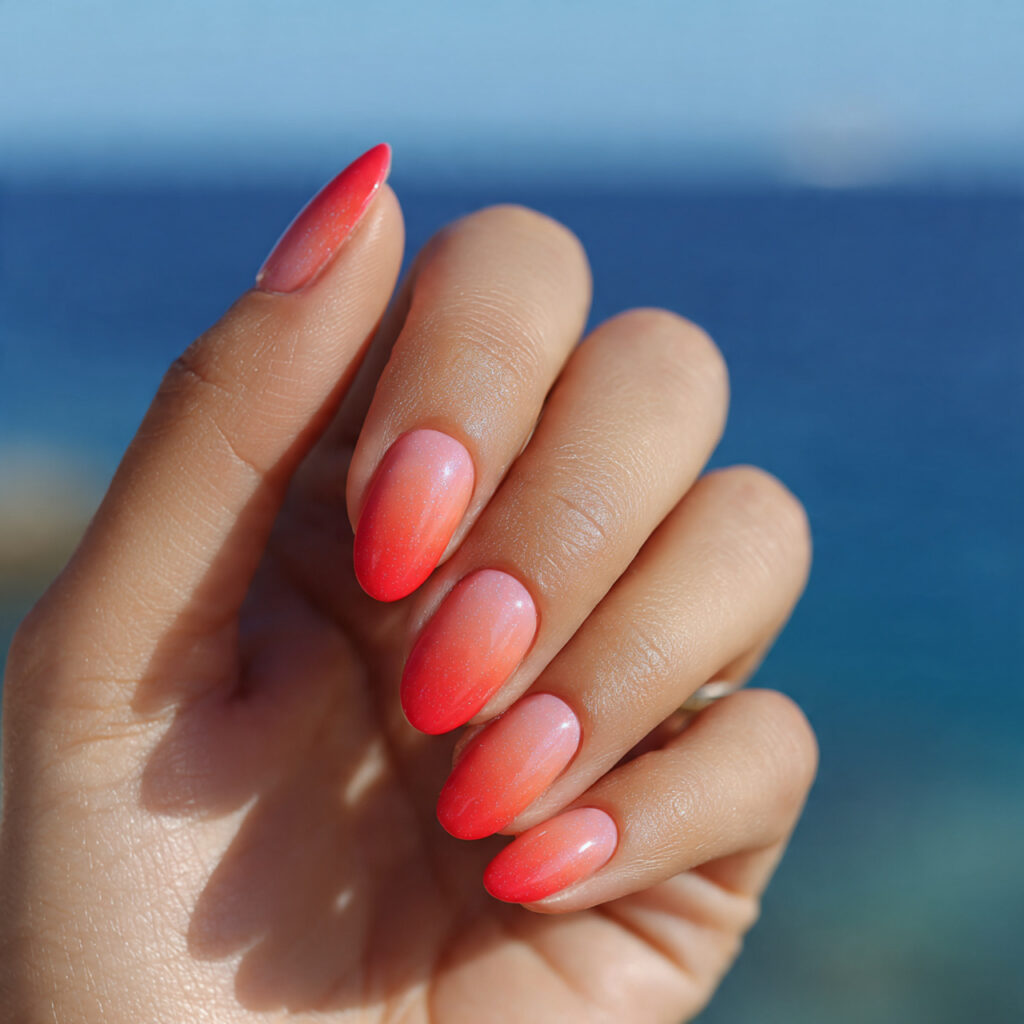 attractive coral to red summer ombre nails with su