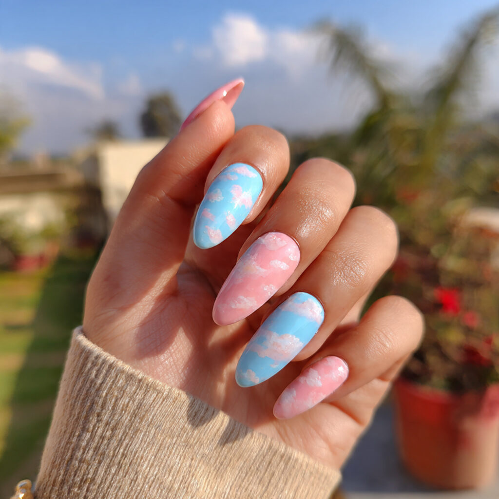 attractive cotton candy pink and cloud blue nails