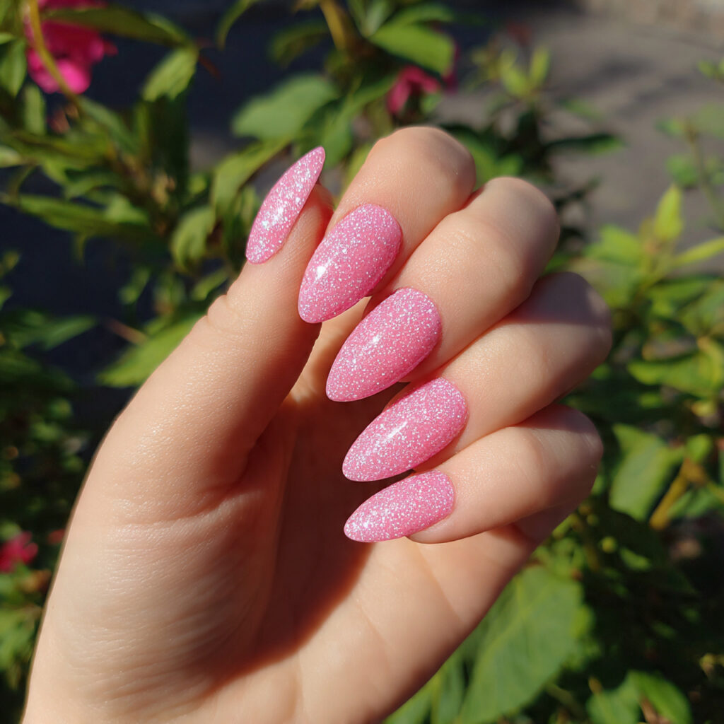 attractive cotton candy pink glitter nails with ou