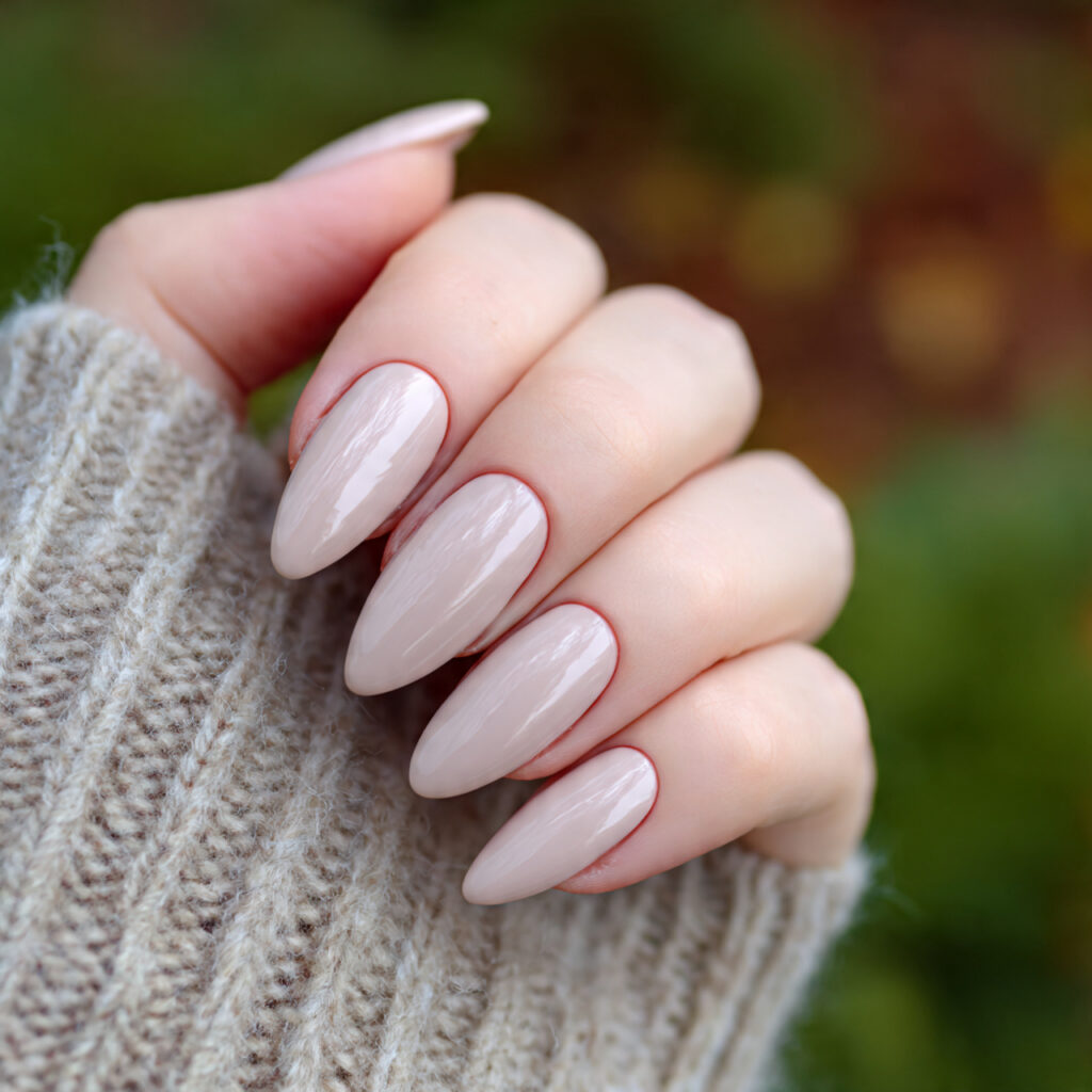 attractive creamy beige simple almond nails with o