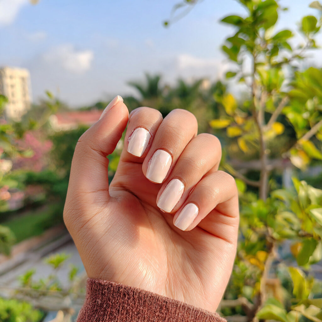 attractive creamy vanilla square nails with outdoo