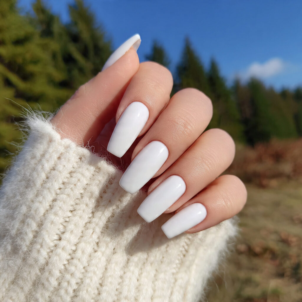 attractive crisp white coffin nails with glossy fi
