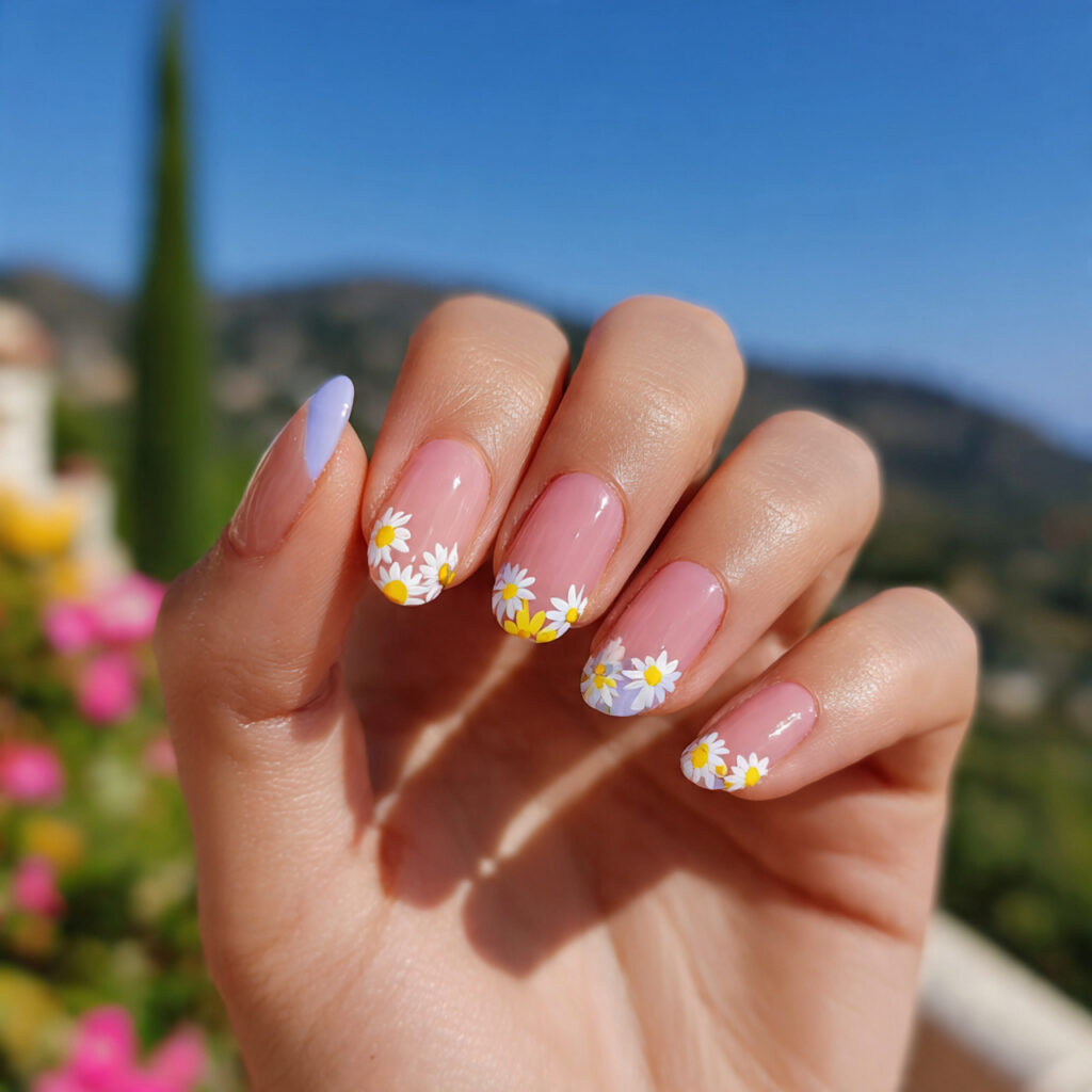attractive dainty daisy nails with pastel tips wit