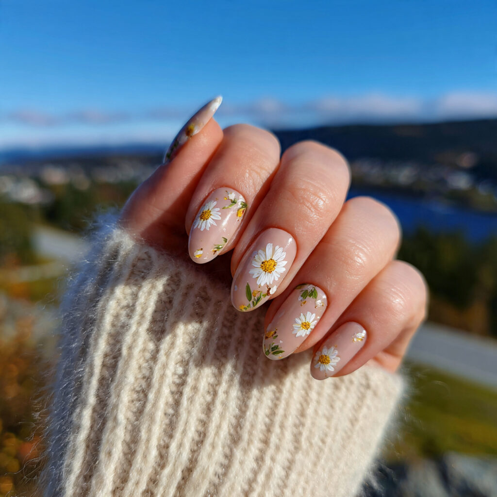 attractive daisy almond short nails with outdoor b