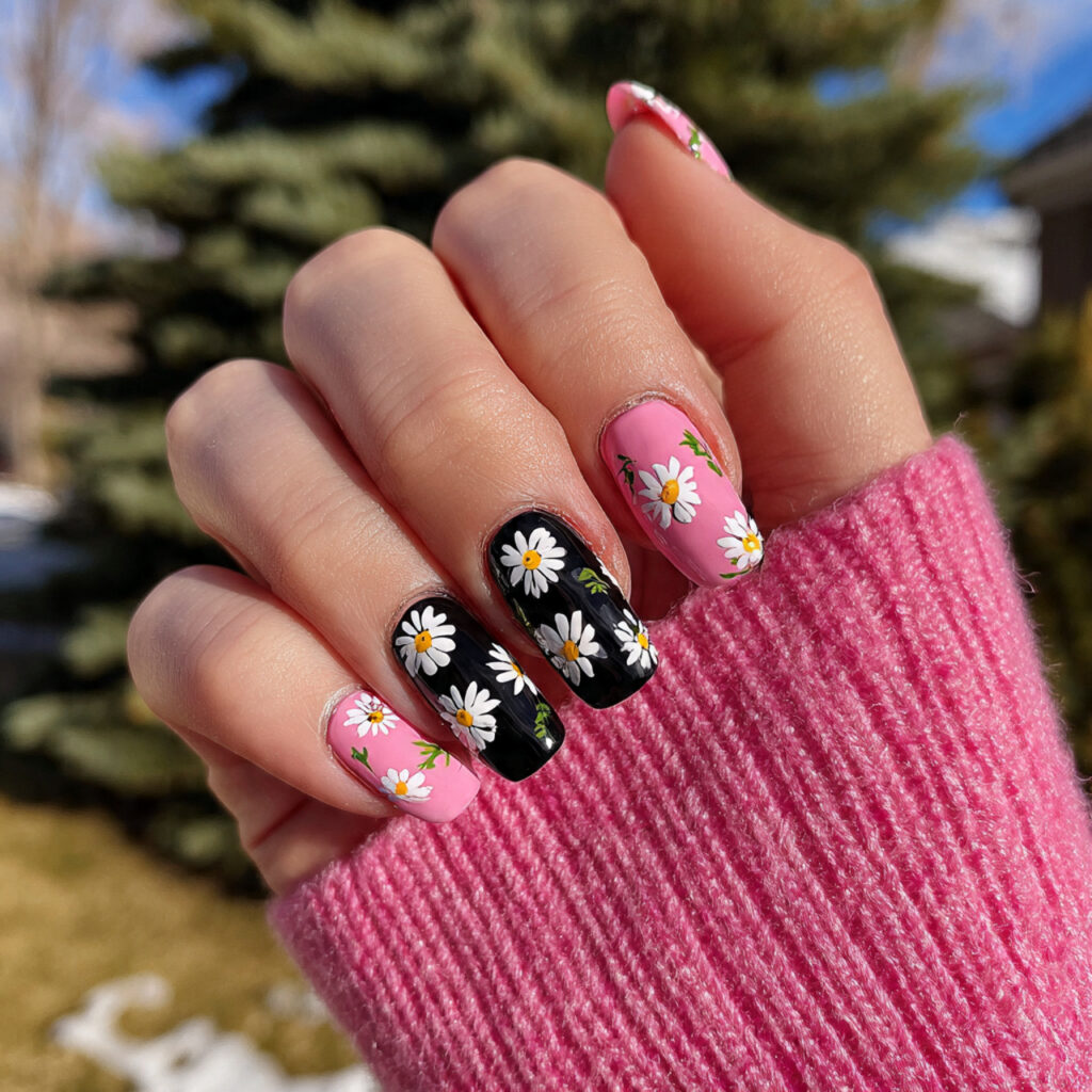 attractive daisy black and pink nails with outdoor