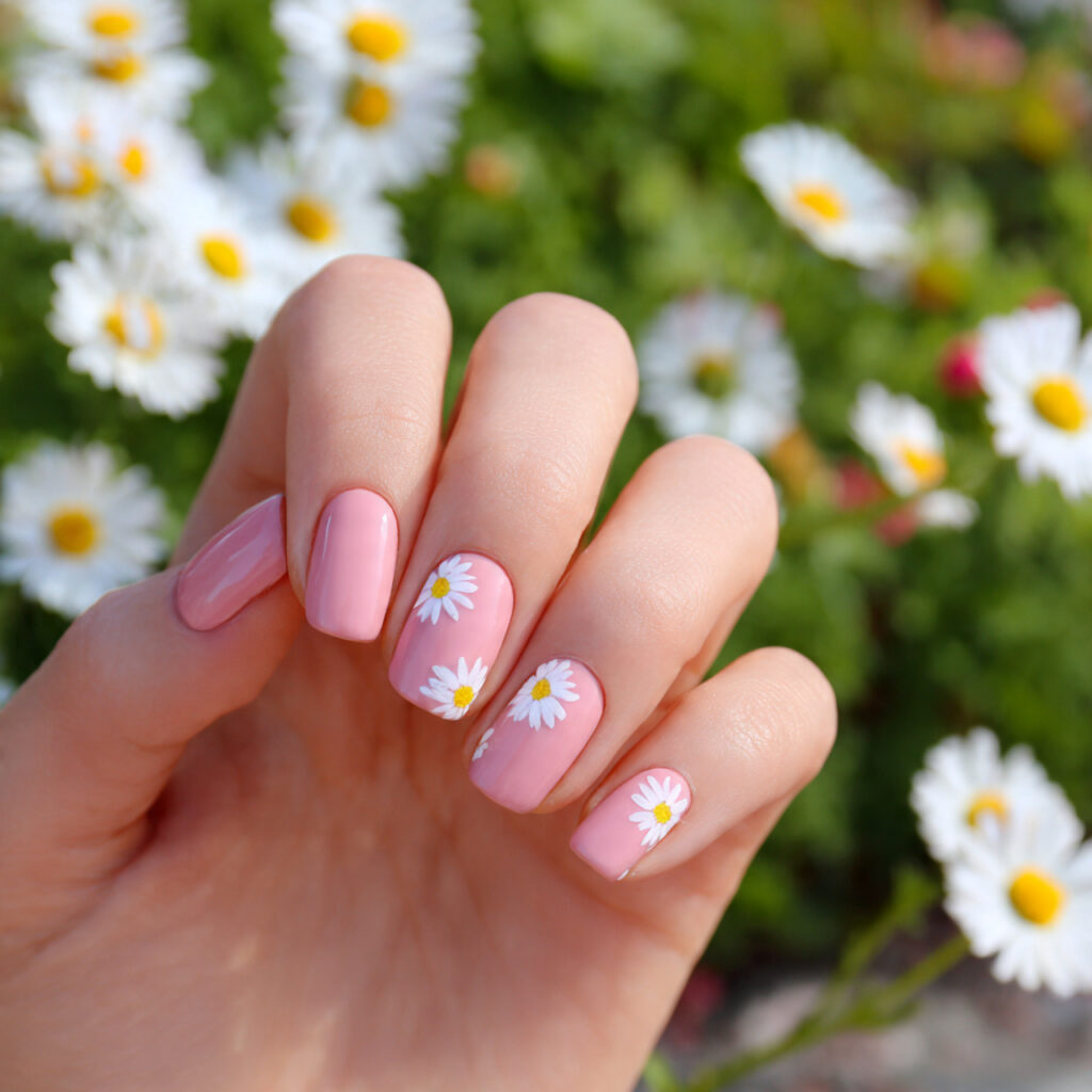 attractive daisy blush pink nails with outdoor bac