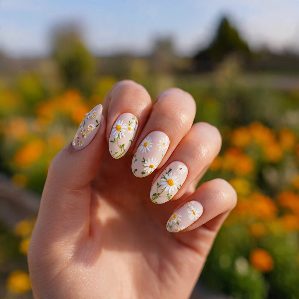 attractive daisy milk accent nails with outdoor ba