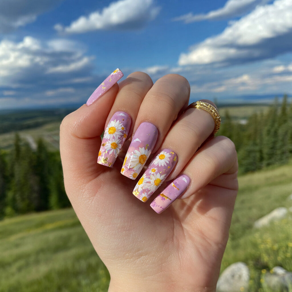 attractive daisy milk acrylic nails with outdoor s