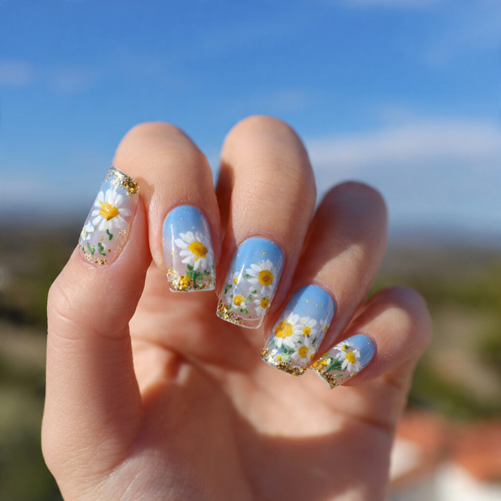 attractive daisy milk nails with outdoor backgroun