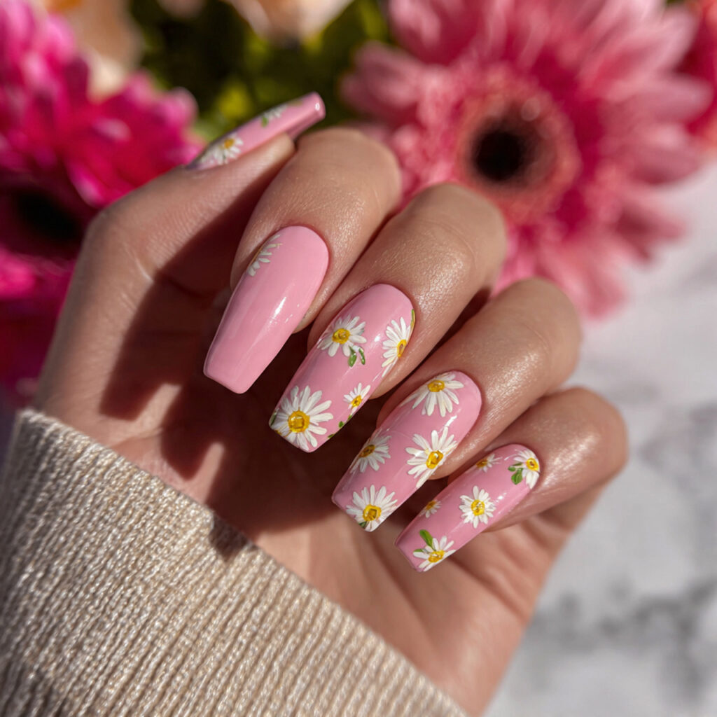 attractive daisy milk short coffin nails with outd