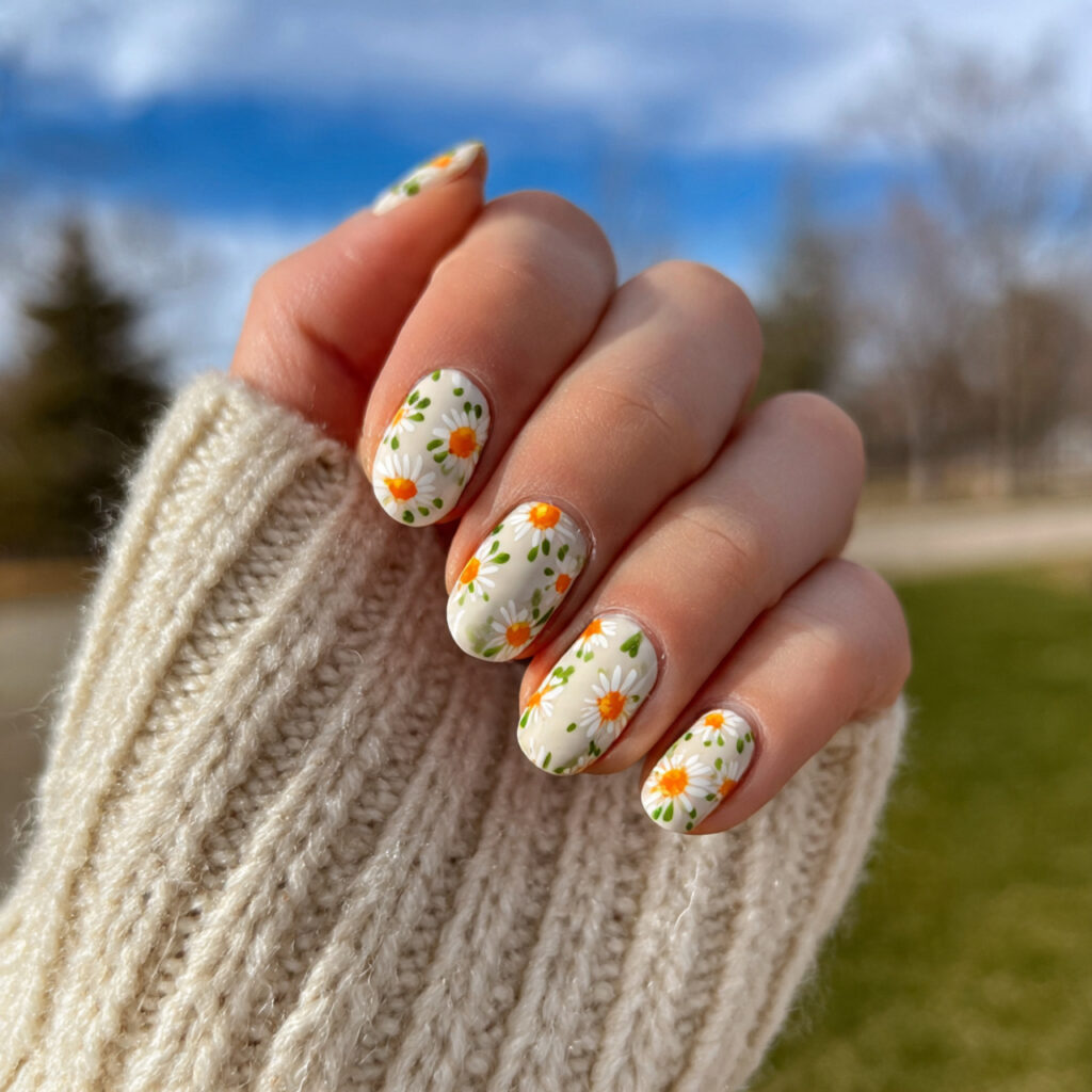 attractive daisy milk short nails with outdoor bac