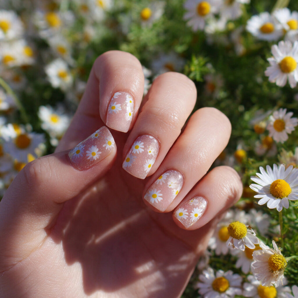 attractive daisy milk short nails with outdoor sum