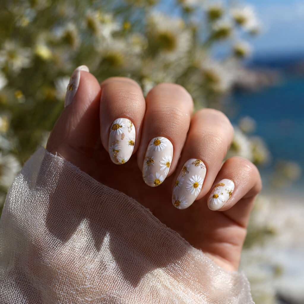 attractive daisy milk short oval nails with outdoo