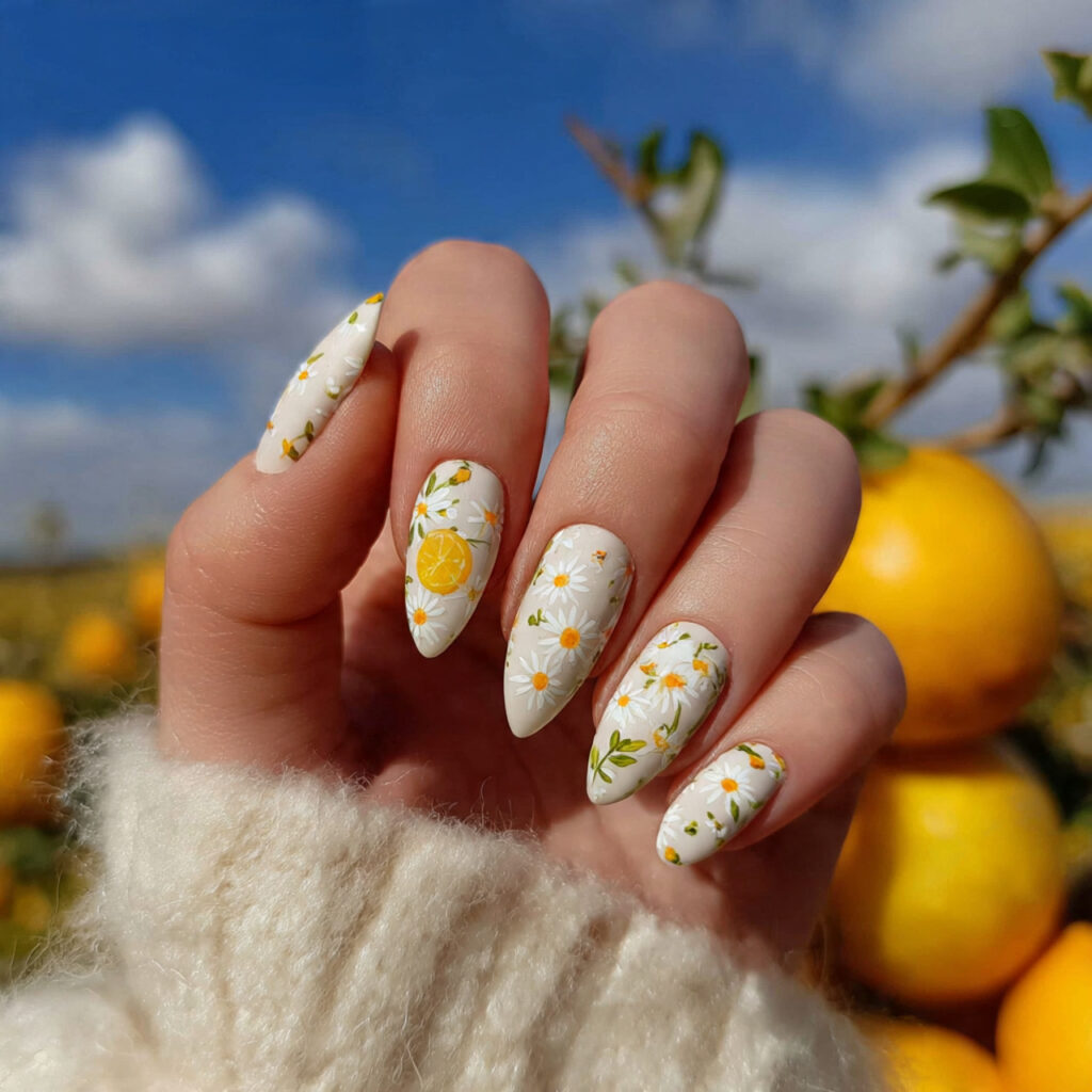attractive daisy milk short stiletto nails with ou
