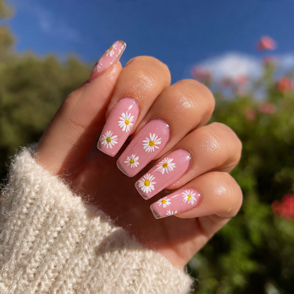 attractive daisy pink acrylic nails with outdoor b