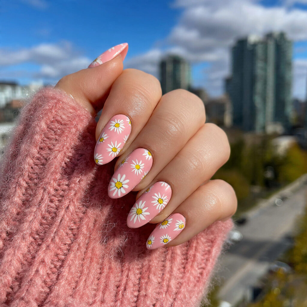 attractive daisy pink almond nails with outdoor su