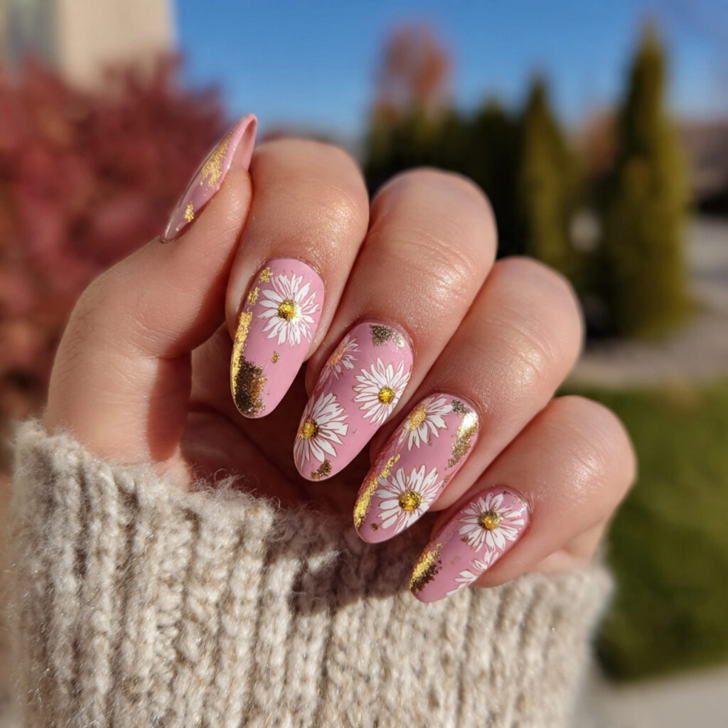 attractive daisy pink and gold nails with outdoor