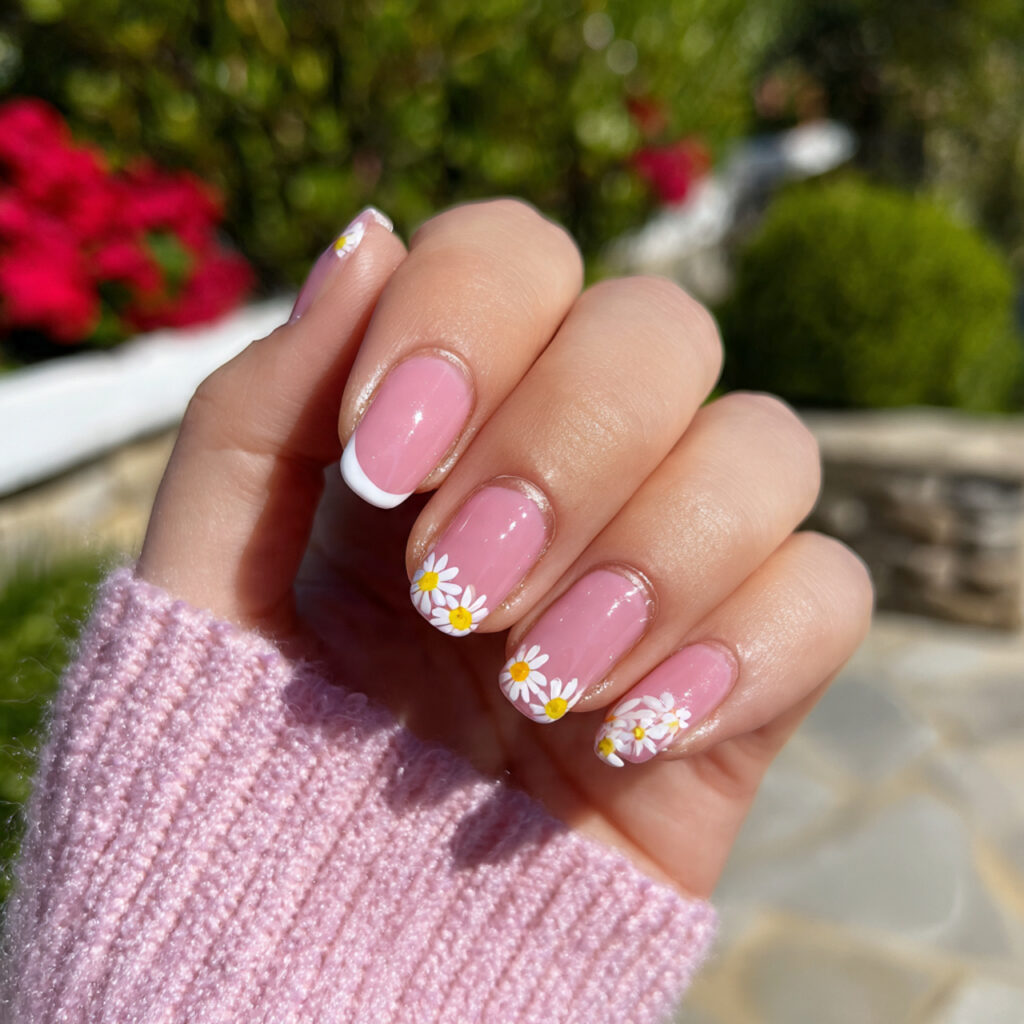 attractive daisy pink french nails with outdoor ba