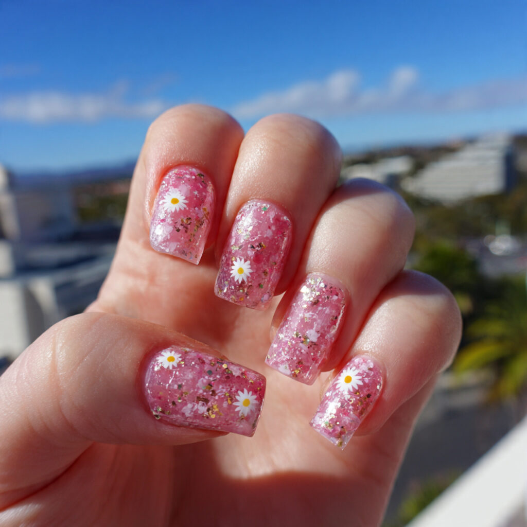 attractive daisy pink glitter nails with outdoor b